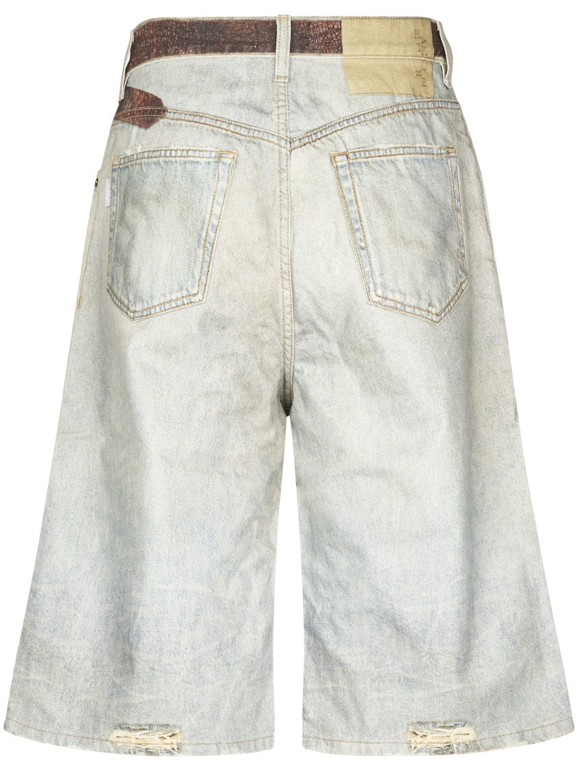 Haikure Knee-Length Distressed Denim Shorts With Contrasting Waistband