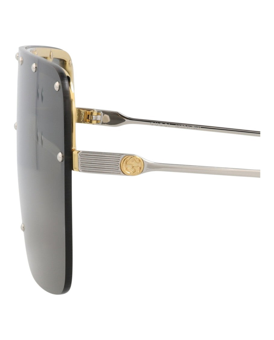 Gucci Shield-Frame Metal Sunglasses With Saddle Nose Bridge