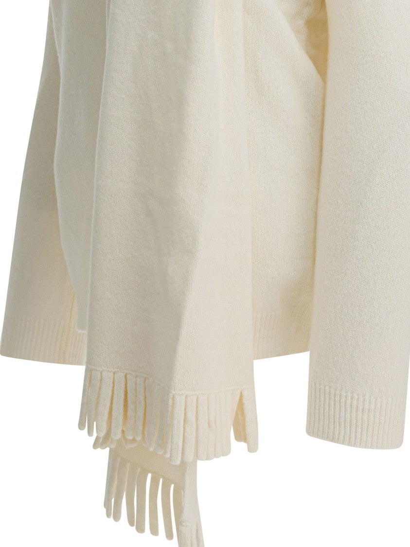 Sandbeige Knitwear With Attached Scarf And Fringed Ends