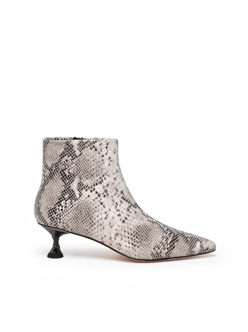 Studio Amelia White/Black Glossy Snakeskin Pattern Leather Ankle Boots