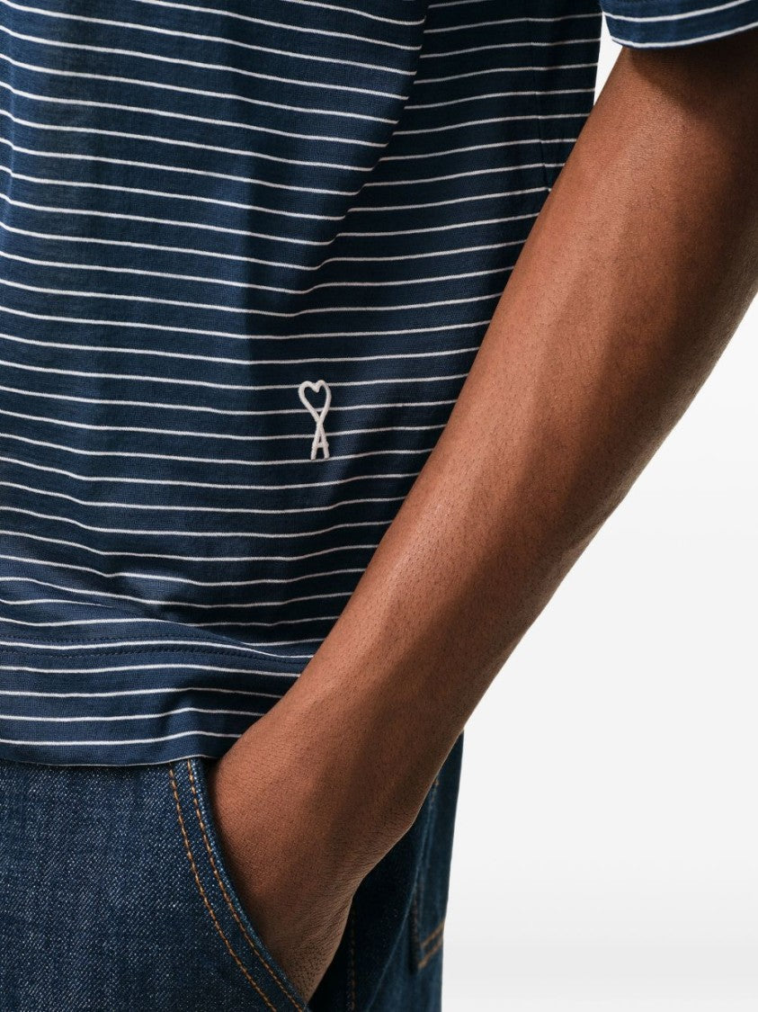 Ami Paris Blue Striped Cotton Polo Shirt