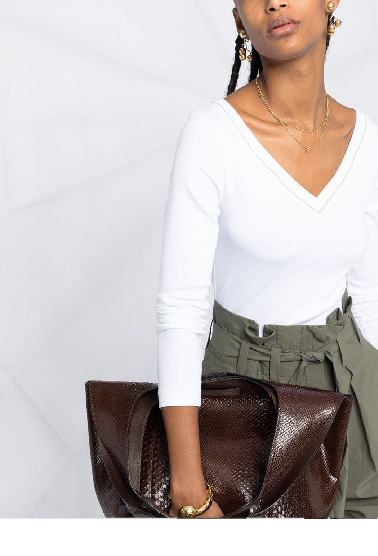 Brunello Cucinelli Fitted Long-Sleeved Top With V-Neckline And Fabric