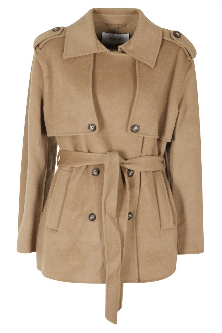 Ivy & Oak Camel Pointed Collar Short Double-Breasted Wool Coat