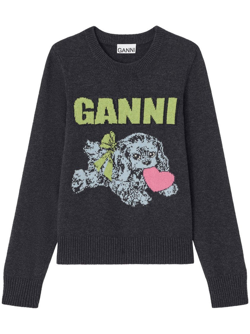 Ganni Playful Puppy Love Graphic Wool Blend Crewneck Sweater