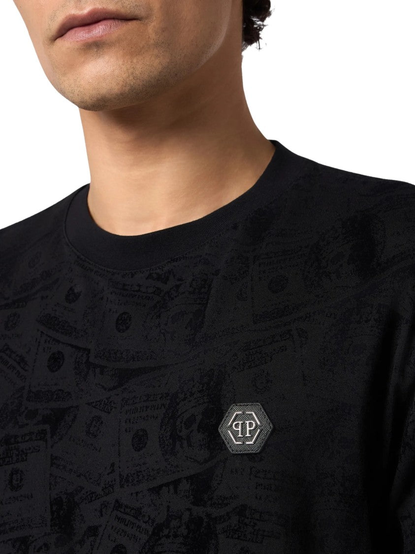 Philipp Plein Black Canvas T-Shirt With Dollar-Bill Print And Logo Plaque