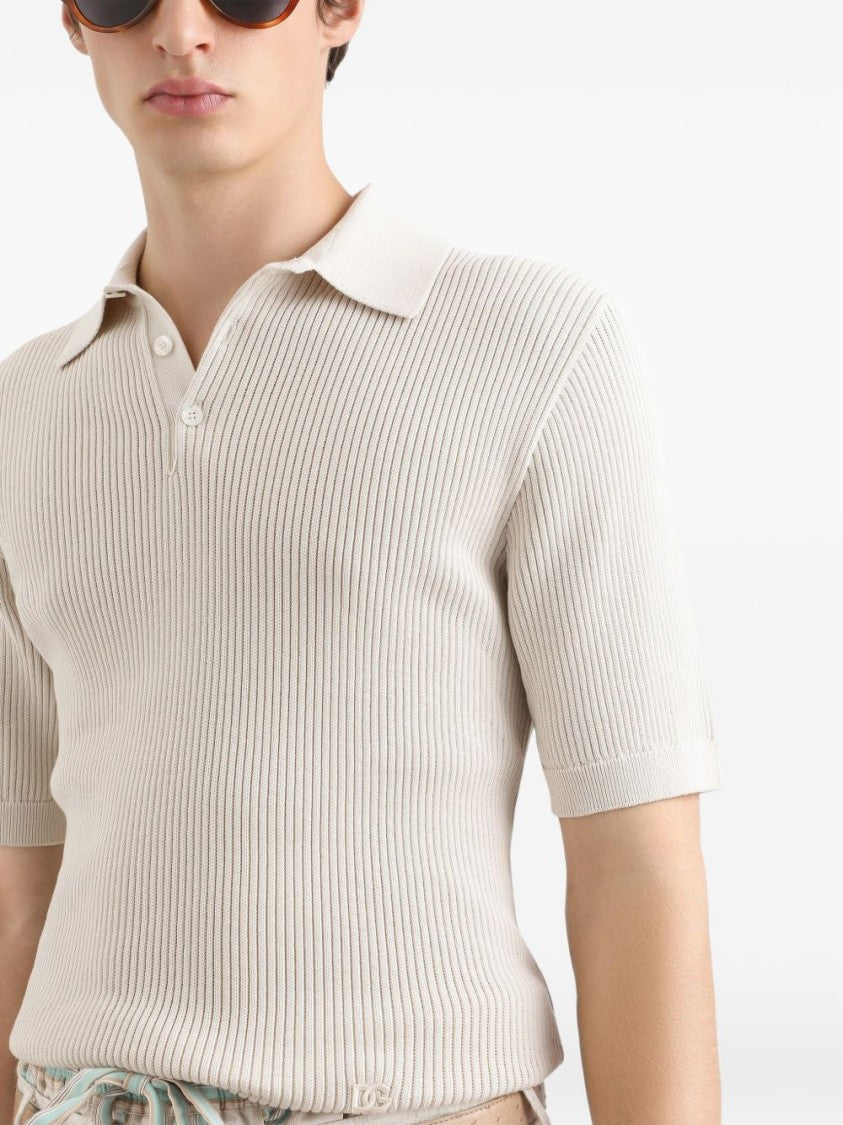 Dolce & Gabbana Cream Ribbed Fitted Cuff Polo Shirt