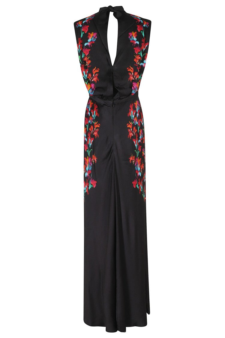Saloni Black Fleur High-Neck Floral Print Viscose Maxi Dress
