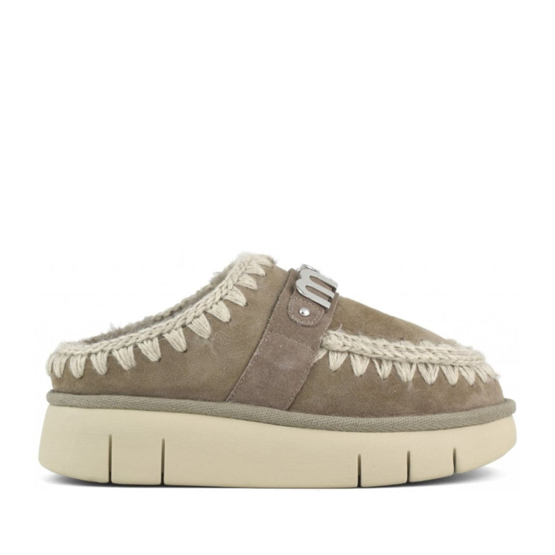 Mou Gray Bounce Sheepskin Braided Trim Slides