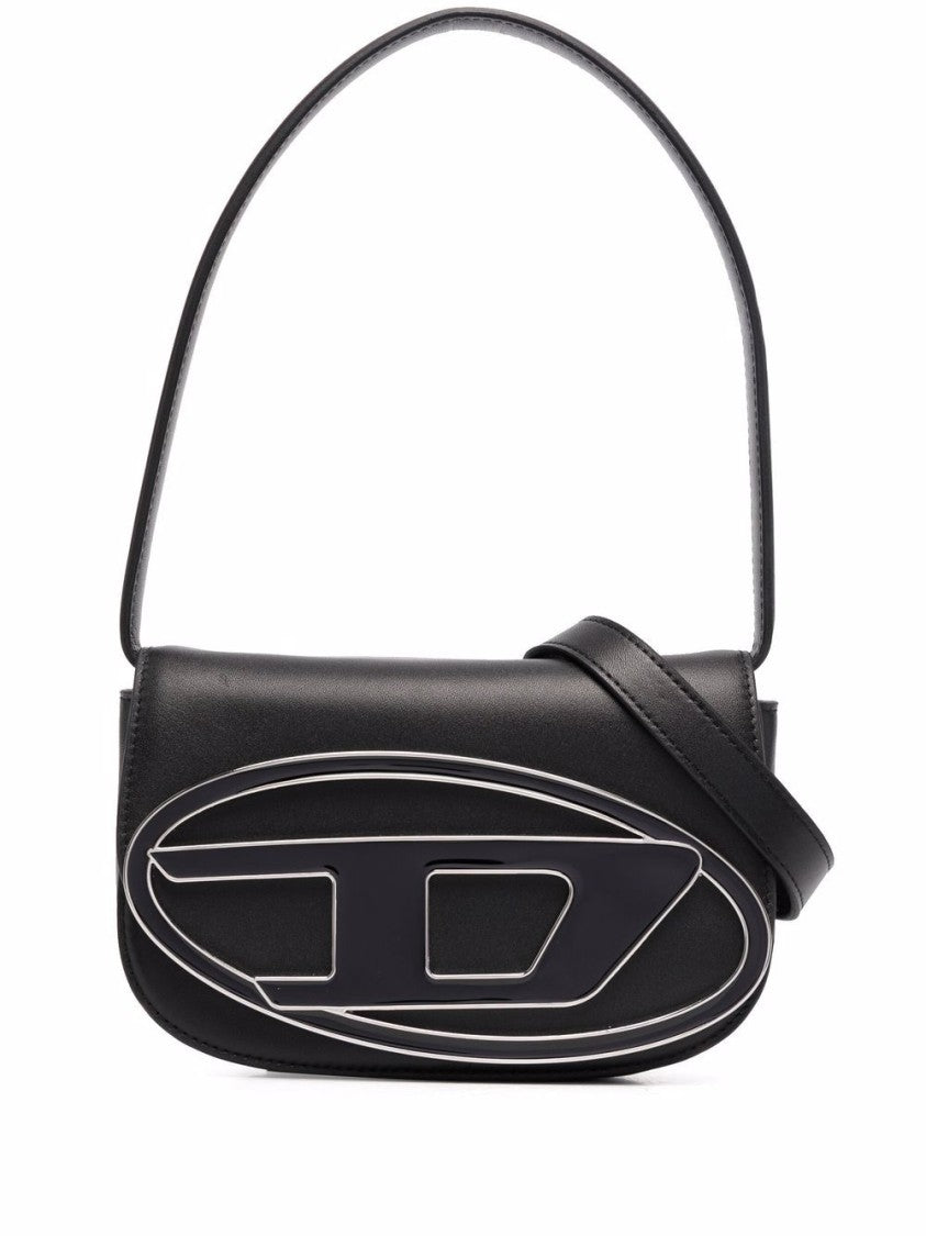 Diesel Black Leather Foldover Logo Plaque Bag