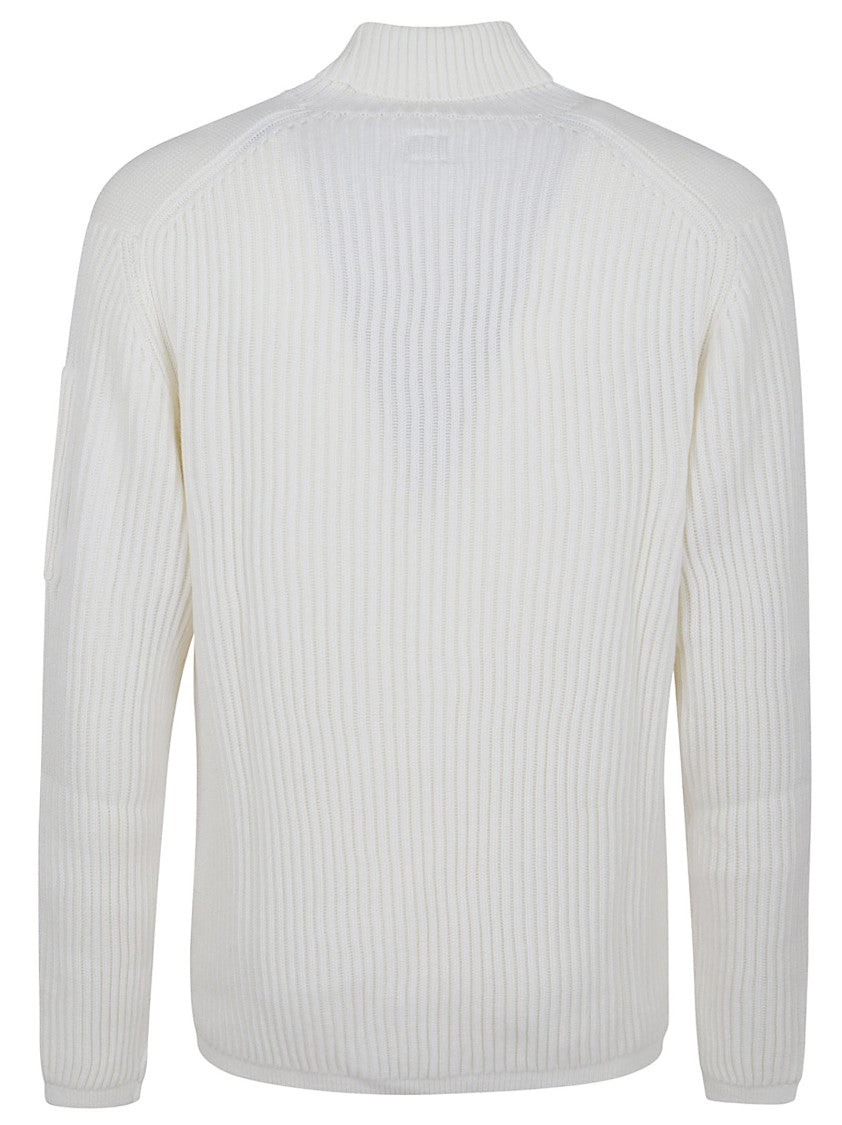 C.P. Company White Ribbed Sweater With High Neckline
