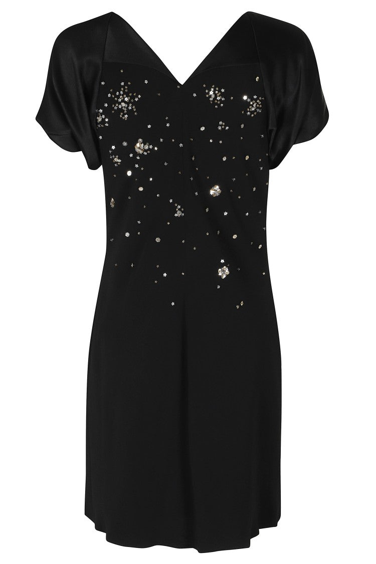 Alberta Ferretti Black Enver Satin Star Applique Bow V-Neck Viscose Dress