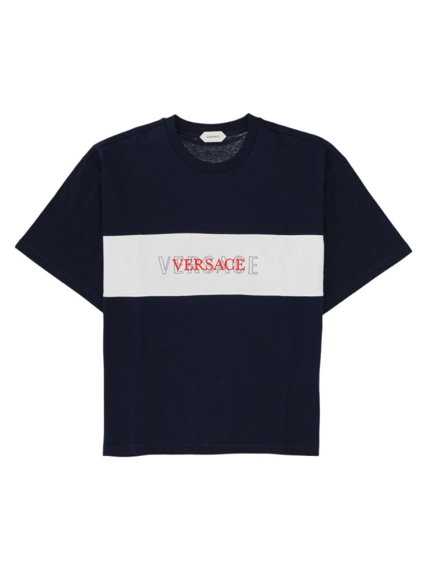 Versace Blue Logo Striped Short-Sleeve Cotton T-Shirt