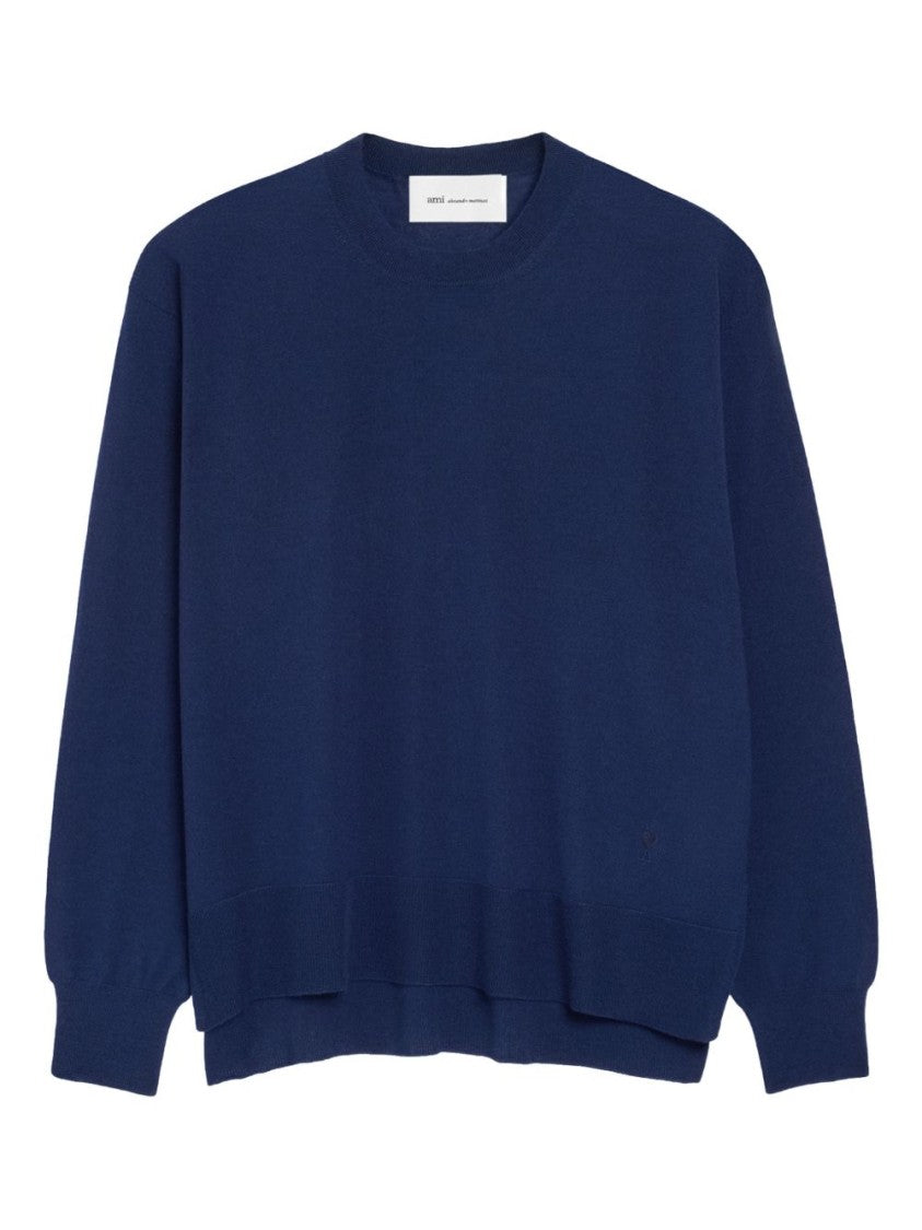 Ami Paris Ink Blue Ribbed Knit Logo Sweater