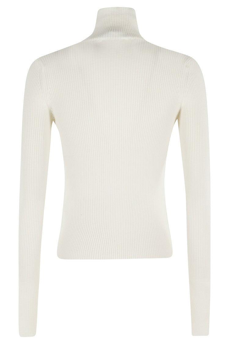 Blumarine Pearl White Turtleneck Knit Sweater With Lace Details