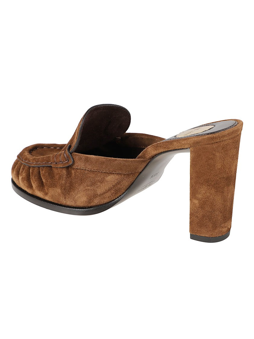 Saint Laurent Moccasin-Inspired Brown Suede Sandals With Block Heel