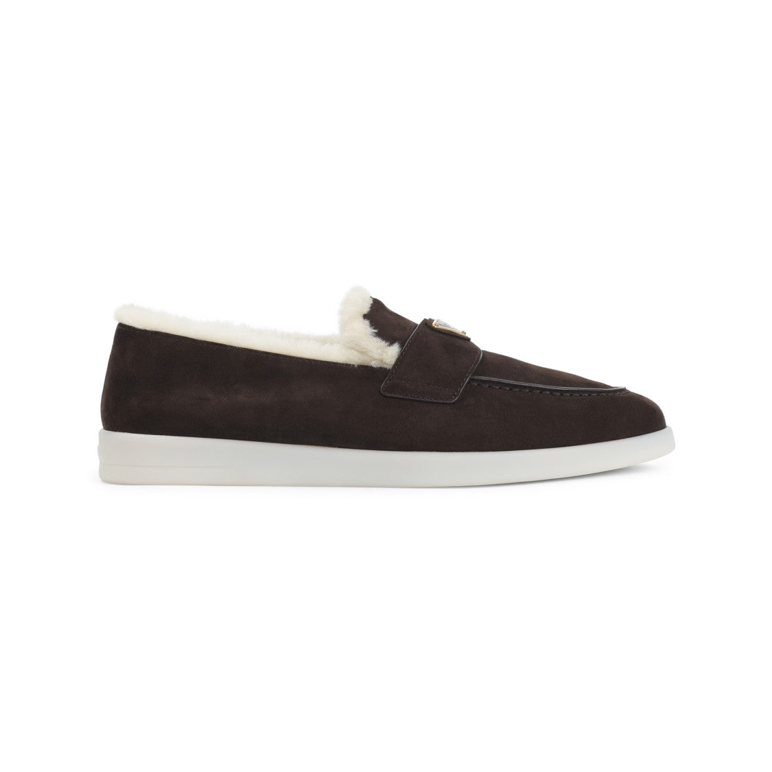 Prada Brown Suede Loafers With Shearling Lining And Minimalist Design