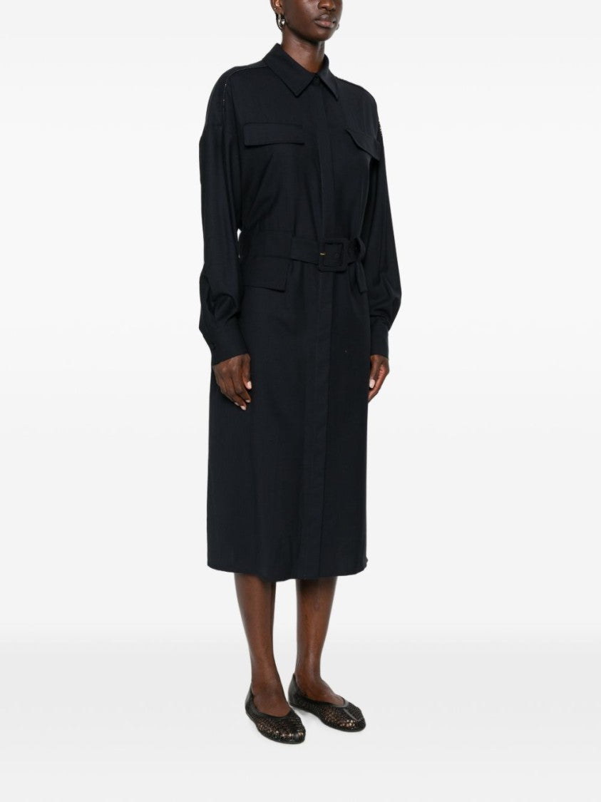Fabiana Filippi Black Pointed Collar Fabric Belt Midi Dress