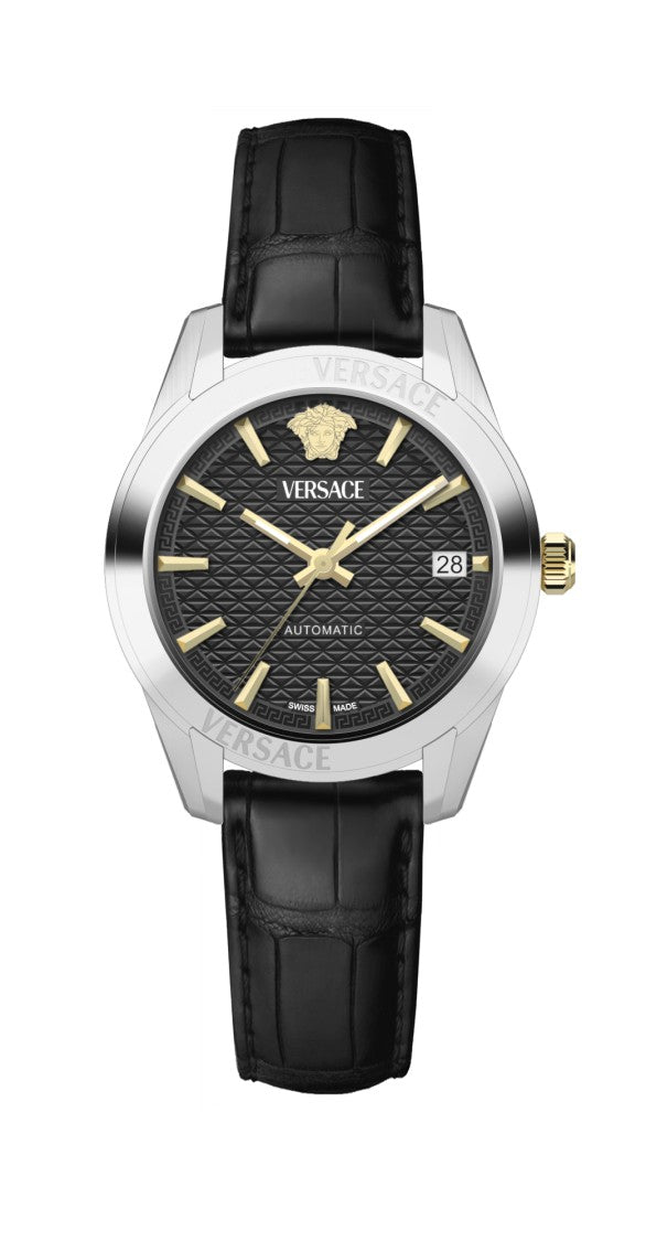 Versace Greca Classic Automatic Timepiece With Textured Black Dial