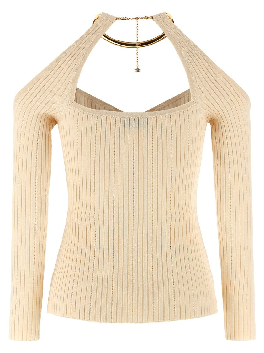 Elisabetta Franchi Ribbed Off-The-Shoulder Sweater With Metal Necklace