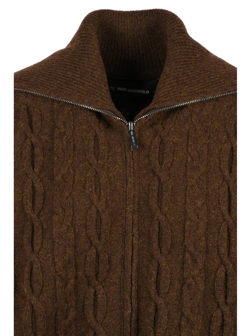 Karl Lagerfeld Brown Cable Knit High Neck Wool-Blend Zip Cardigan
