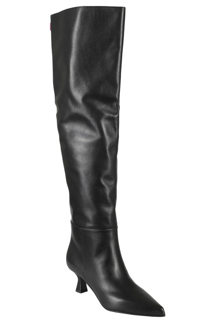 3Juin Knee-High Black Leather Boot With Fuchsia Accents