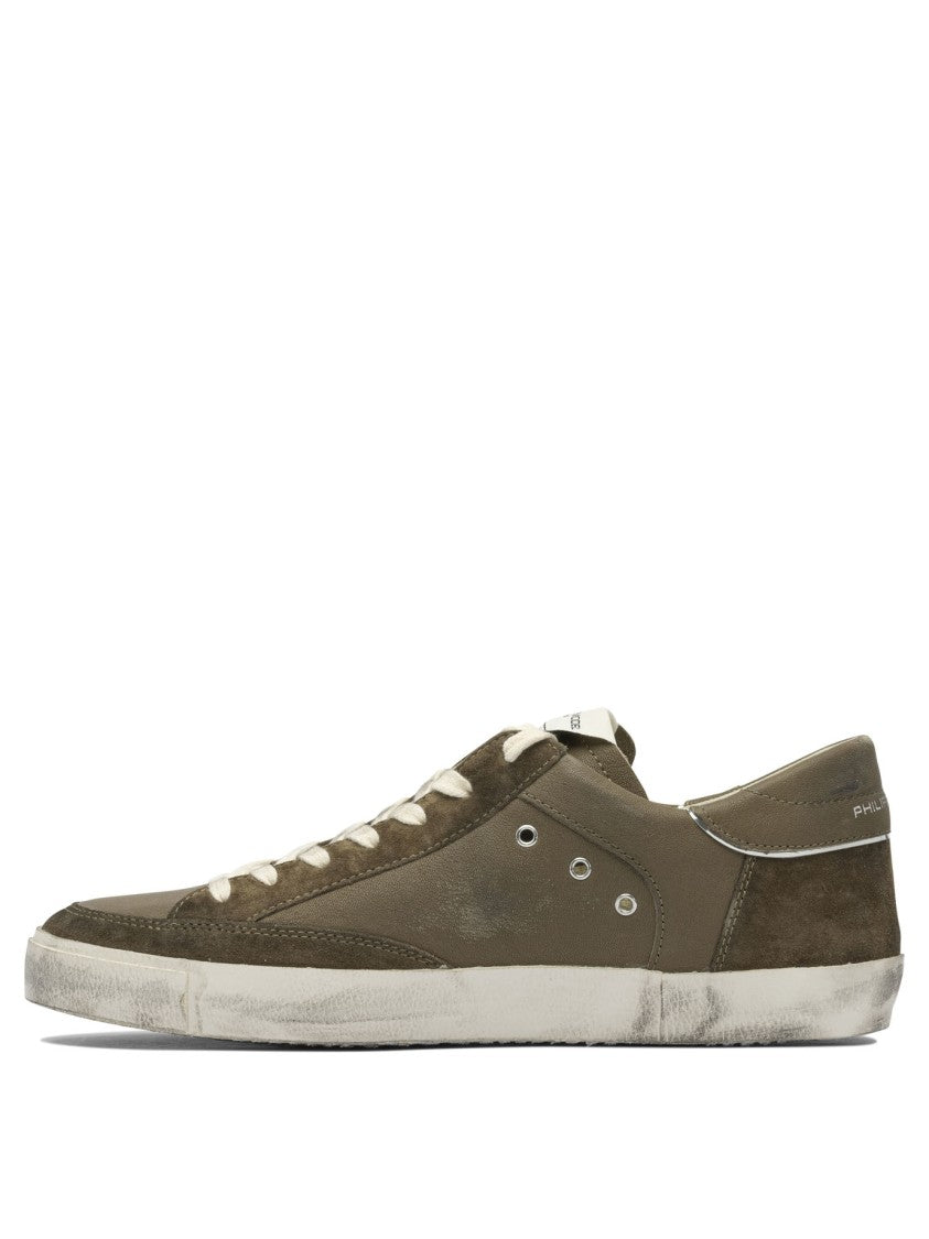 Philippe Model Paris Distressed Olive Green Leather And Suede Sneakers