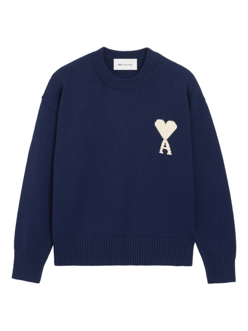 Ami Paris Ink Blue Intarsia Knit Sweater With Heart Motif