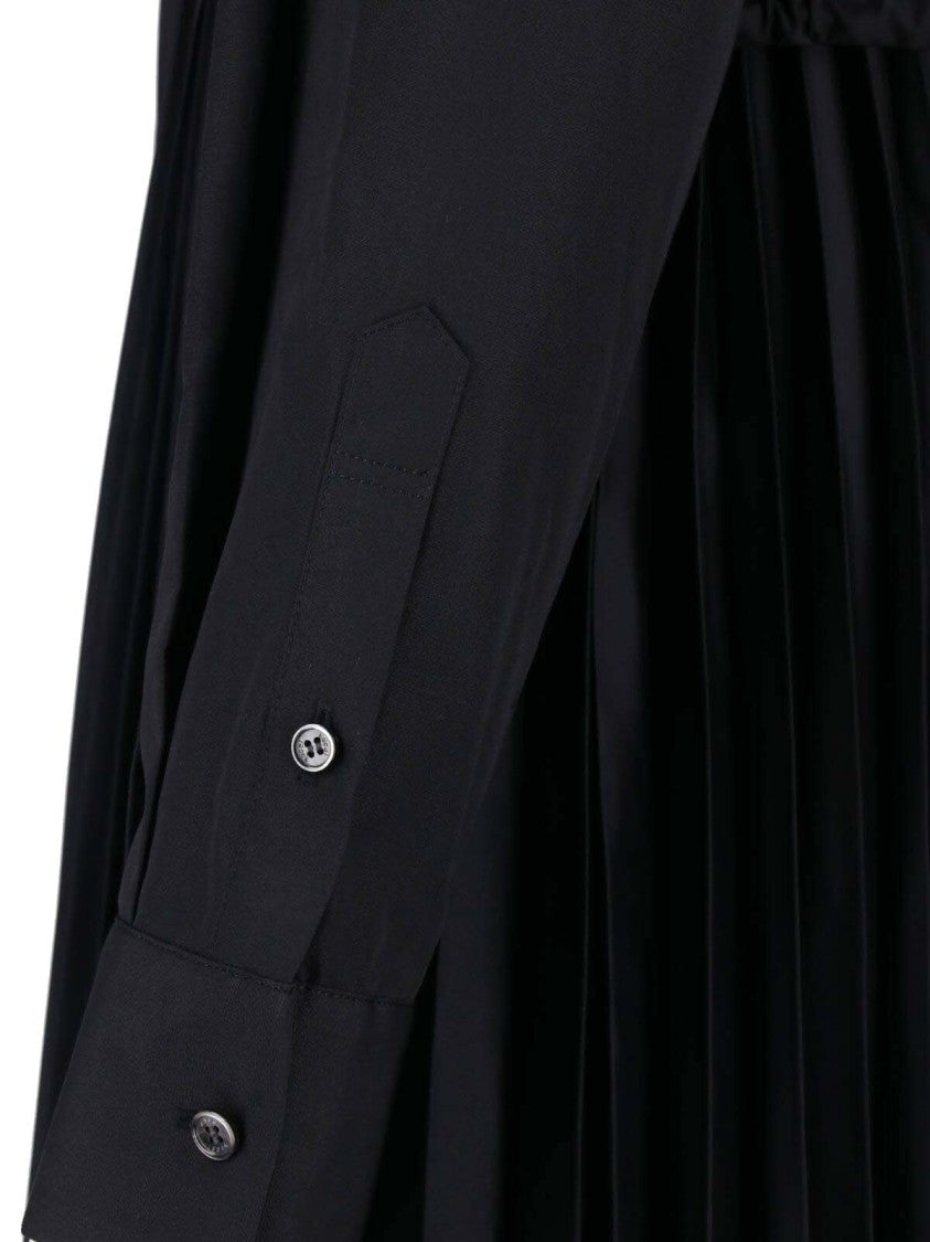 Sacai Pleated Black Midi Dress With Classic Collar