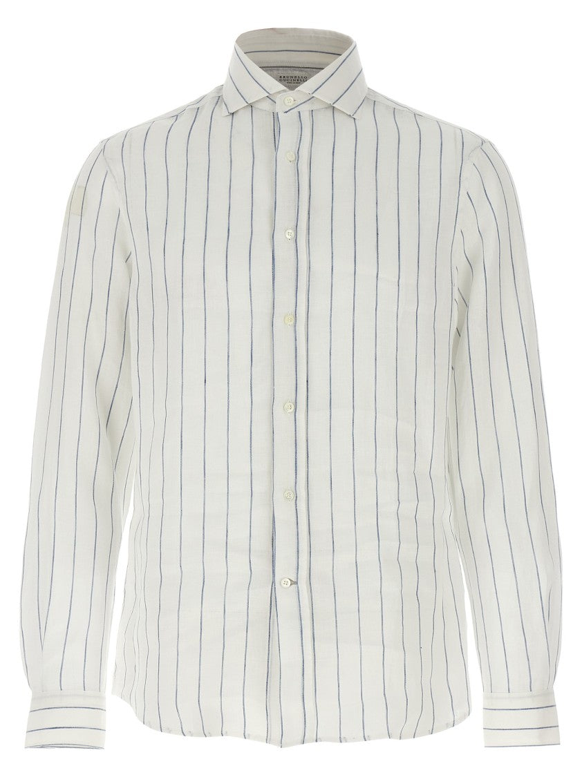 Brunello Cucinelli Vertical Stripe Linen Shirt With Cuffed Sleeves