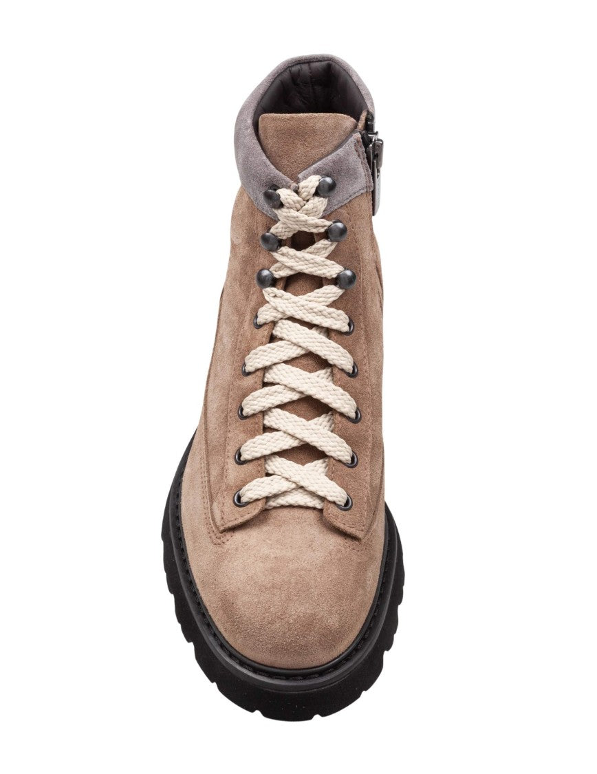 Doucal's Cocoa Suede Lace-Up Ankle Boots With Side Zipper