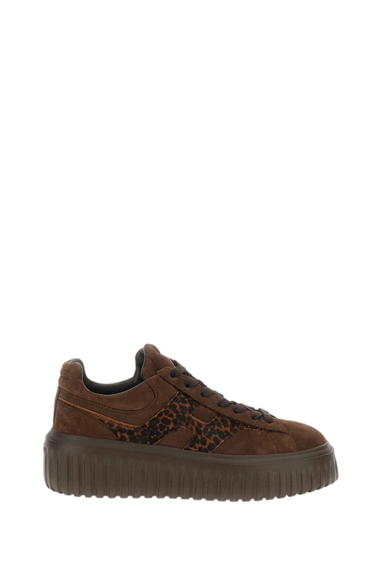 Hogan Dark Brown H-Stripes Suede Pony-Hair Sneakers