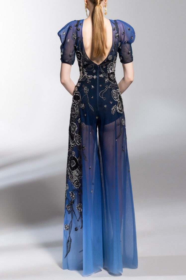 Saiid Kobeisy Gradient Printed Tulle Jumpsuit With Beading