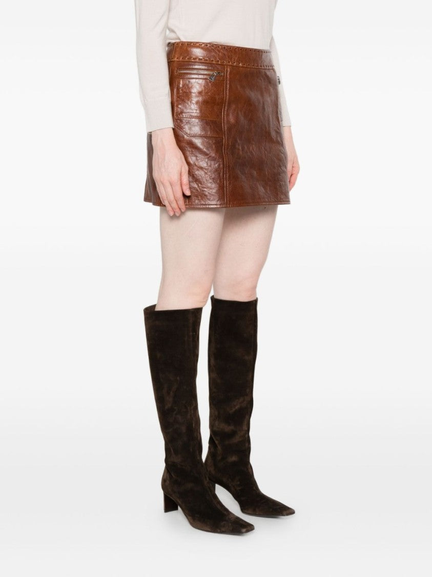 Ermanno Scervino Brown Leather Mini Skirt With Zip Pockets