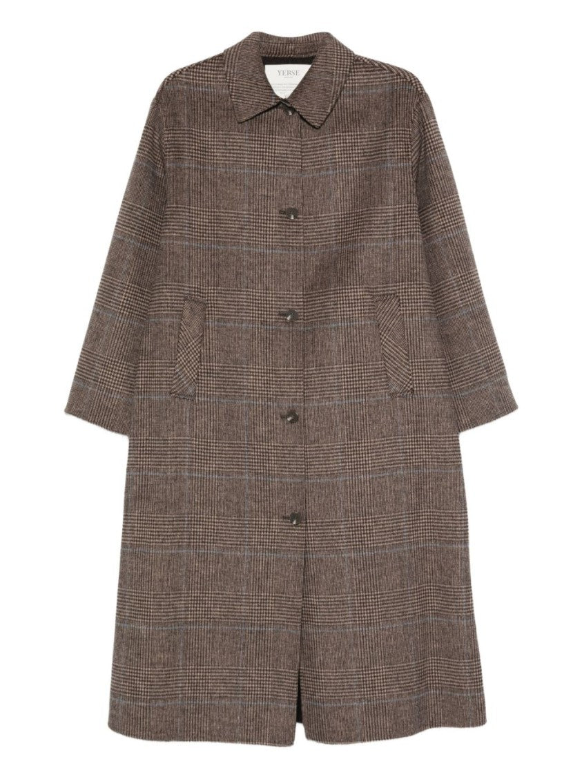 Yerse Plaid Pattern Mid-Length Wool Blend Coat