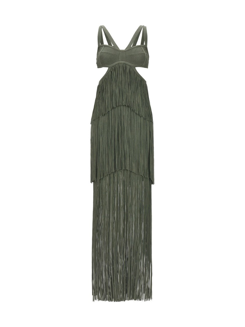 Hervé Léger Strappy Tiered Fringe Dress