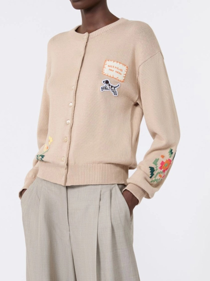 Weekend Beige Knit Cardigan With Floral Embroidery And Playful Dog Patch