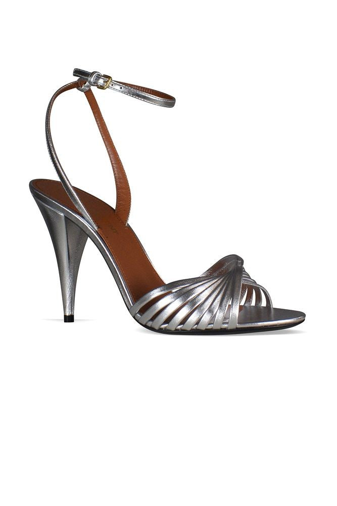 Saint Laurent Silver Metallic Leather Sandals With Overlapping Straps