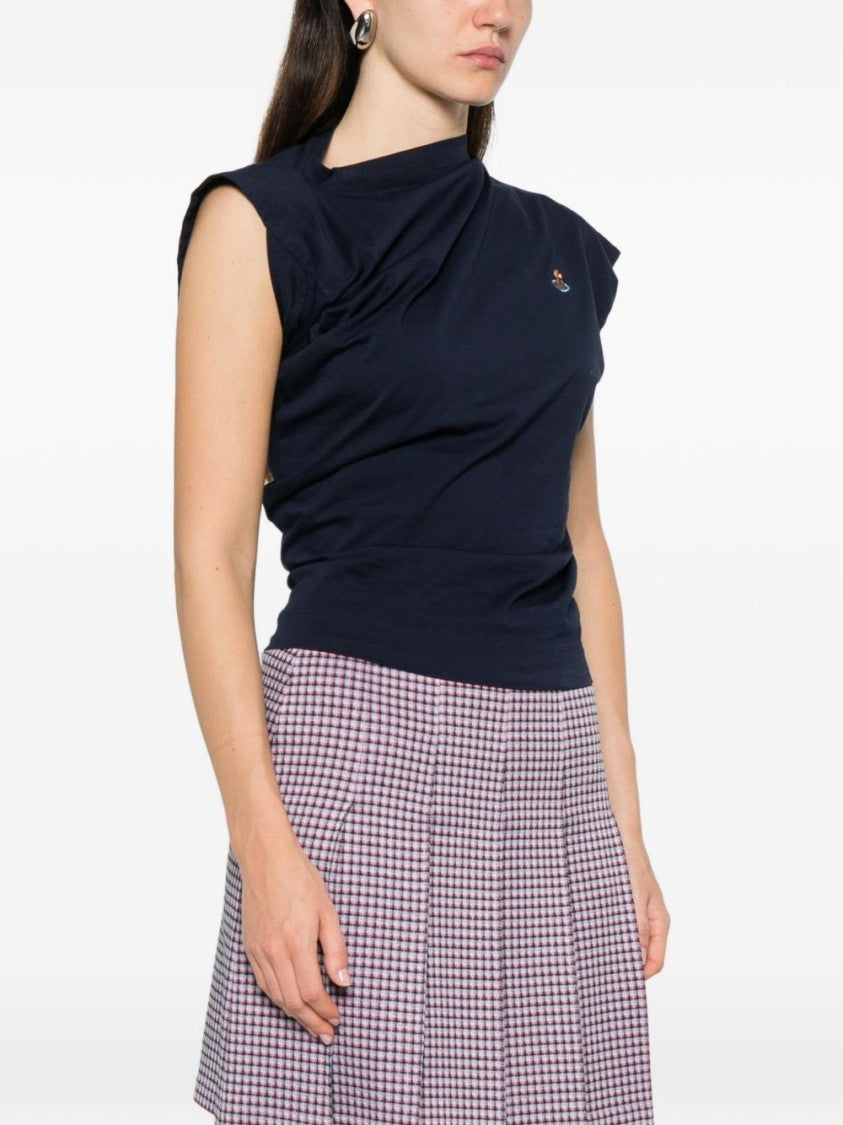Vivienne Westwood Deep Navy Asymmetrical Draped Top With Embroidered Emblem