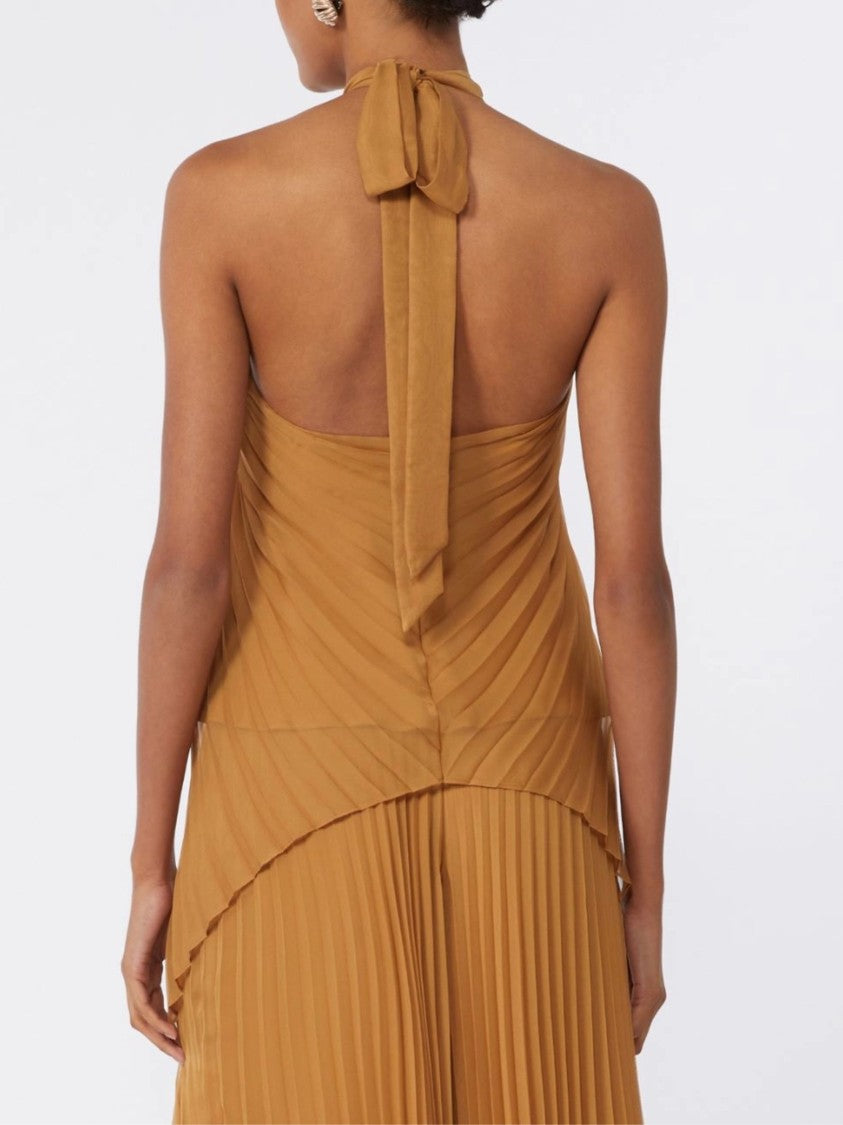 Max Mara Brown Pleated Knot Halter Neck Top