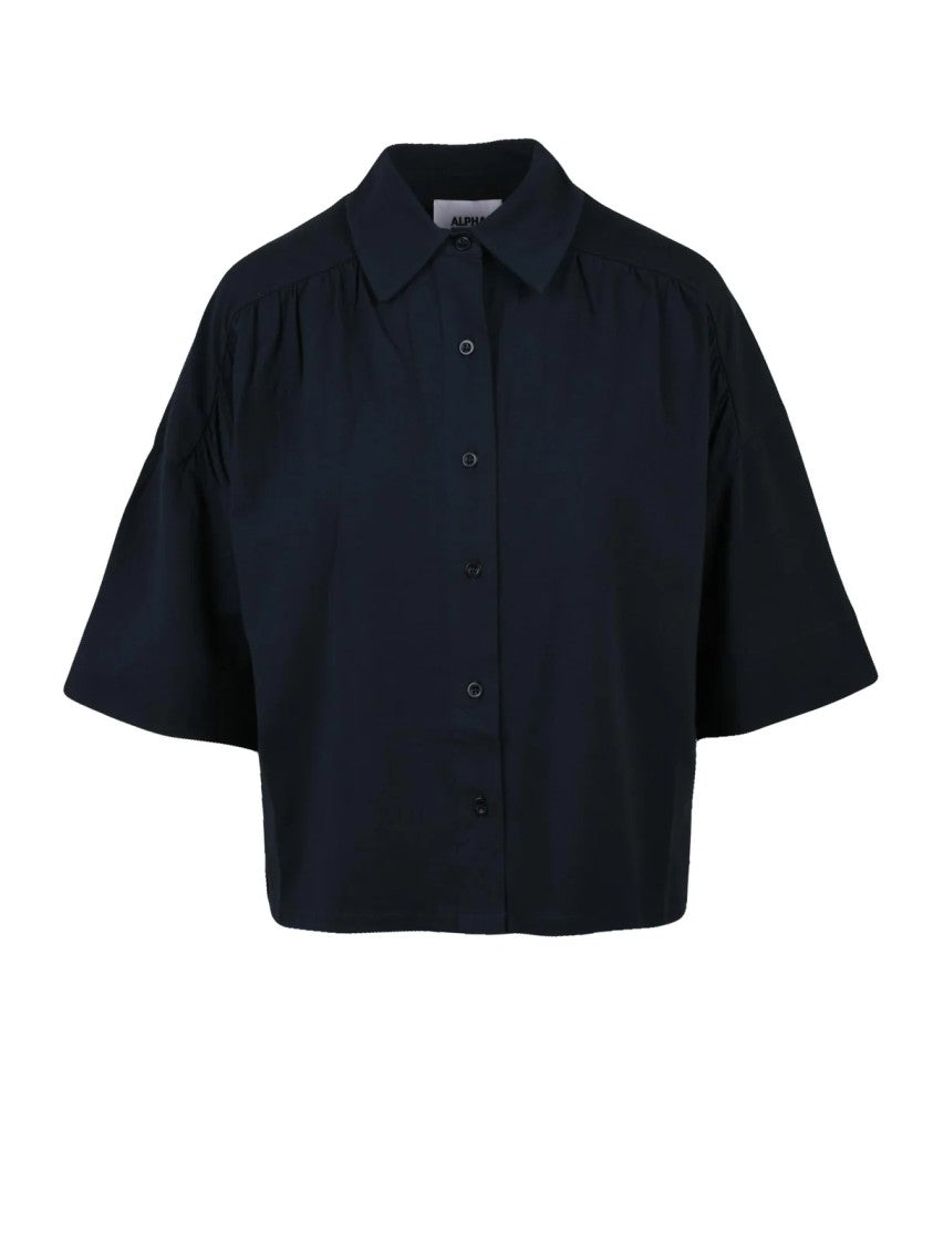 Alpha Studio Midnight Blue Cropped Stretch Cotton Shirt
