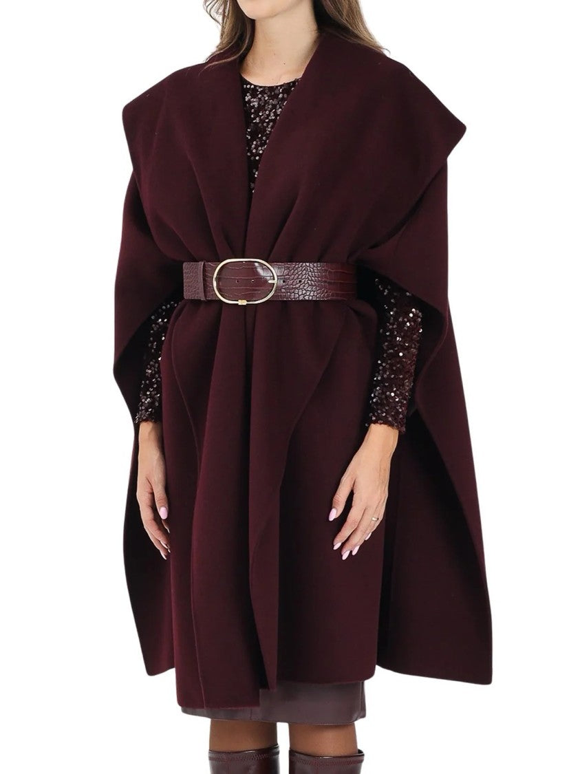 Elisabetta Franchi Sleeveless Wool Cape With Wide Collar And Textured Belt