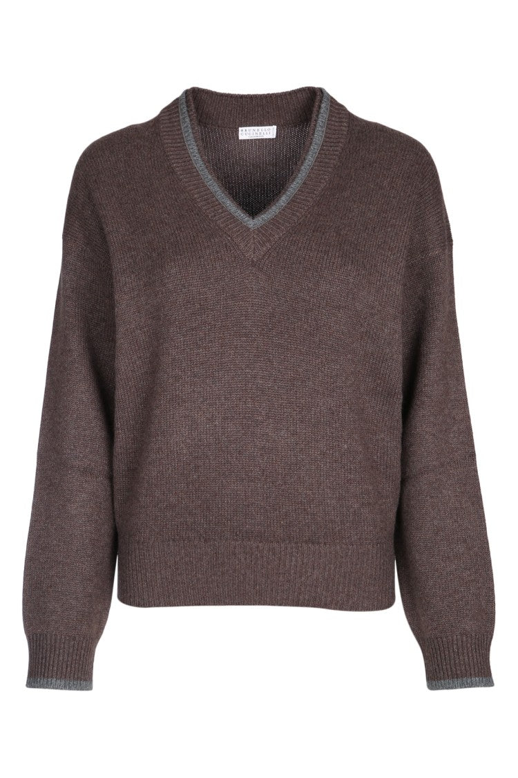 Brunello Cucinelli V-Neck Knitted Sweater With Contrasting Trim
