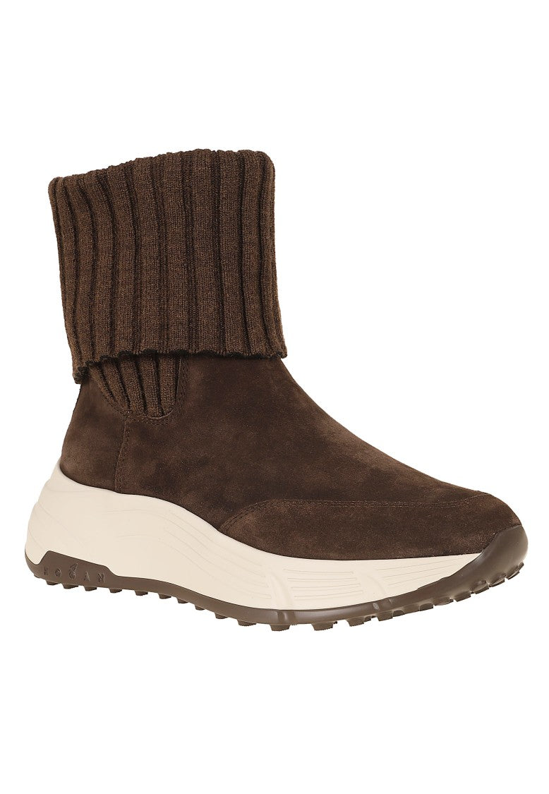 Hogan Brown Suede Ribbed Wool Cuff Ankle Boots