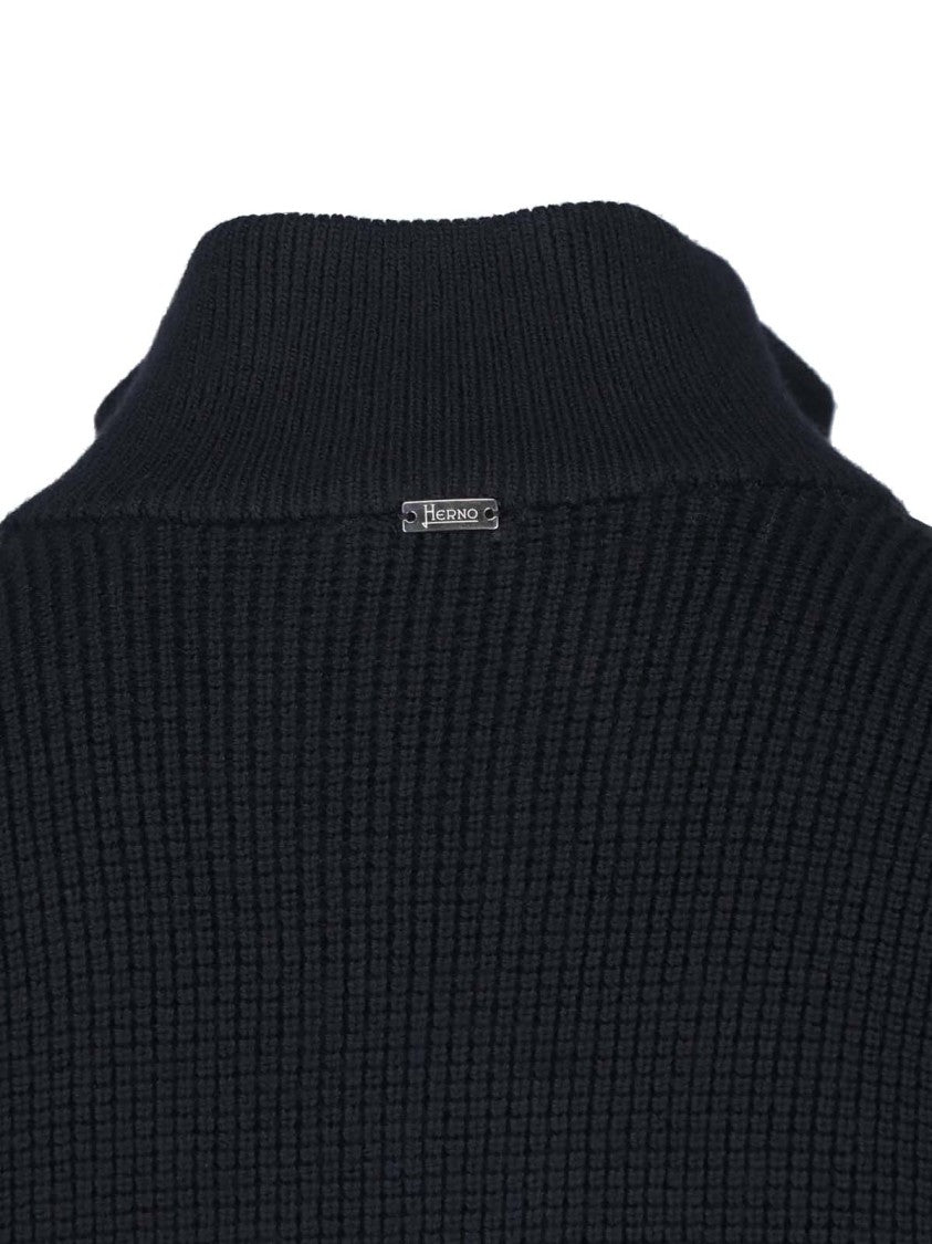 Herno Black High-Collar Padded Virgin Wool Cardigan