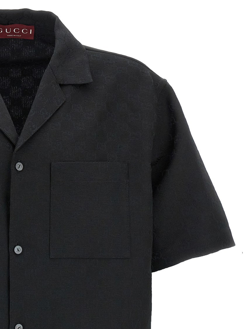Gucci Black Gg Jacquard Short-Sleeved Shirt With V-Neck