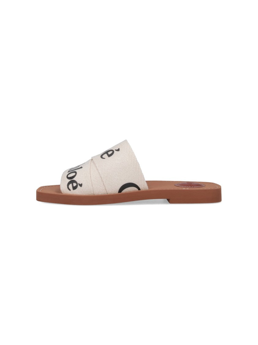 Chloé White Woody Embroidered Linen Sandal