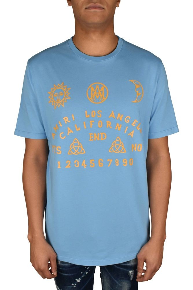 Amiri Light Blue Cotton T-Shirt With Graphic Prints