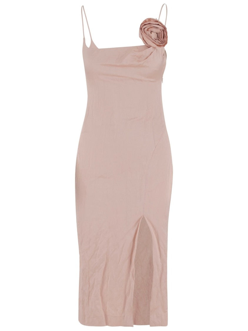 Blumarine Crinkled Satin Dress With 3D Rose
