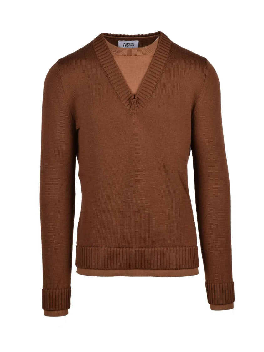 Alpha Studio Brown Double Neck Ribbed Merino Wool Sweater