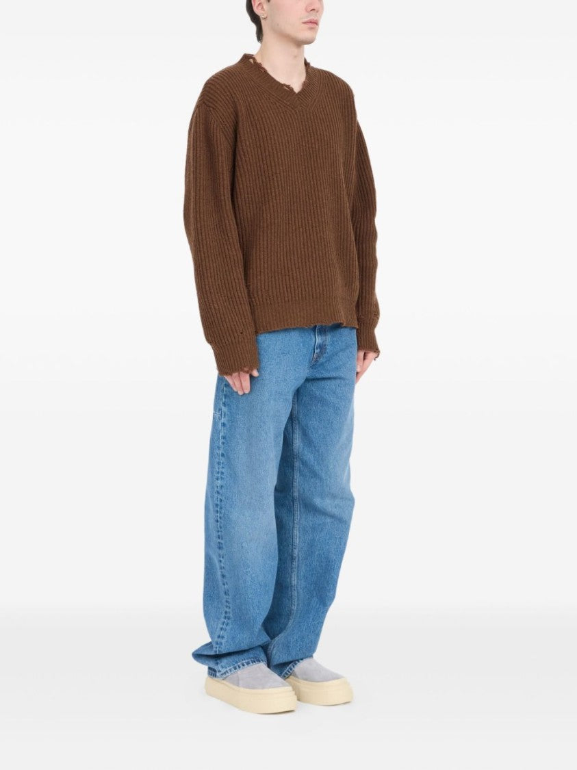 Mm6 By Maison Margiela Relaxed Fit V-Neck Sweater With Distressed Hem